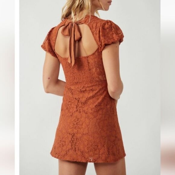 Free People Hailee copper lace short puff sleeve mini dress (M) - Picture 9 of 13